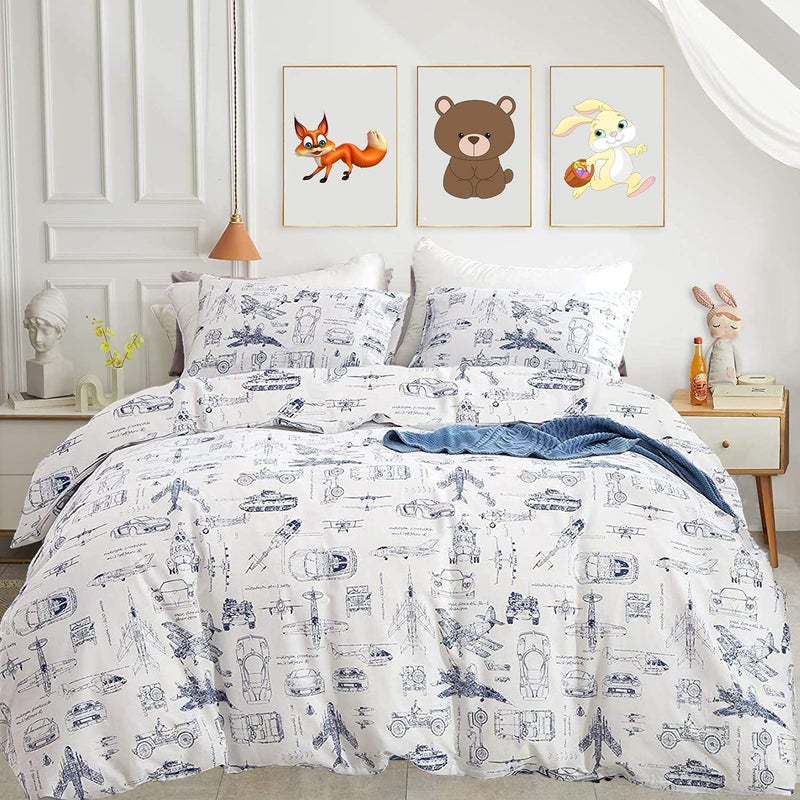 KAREVER Aircraft Comforter Set Full Boys White Cartoon Bedding Set Alternative Comforters Airplane Car Tank Printed White Bedding Blanket Full for Children Teen Boy with Microfiber Inner Insert - Image 5